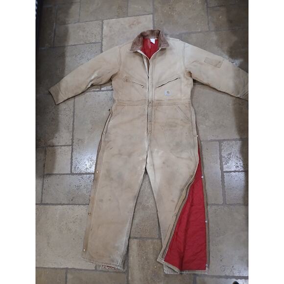 70s Carhartt Coveralls Sz M Boiler Jump Suit  Red Lining Distressed Corduroy VNT - Picture 1 of 16